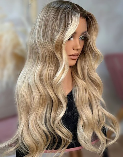 HD Lace Ash Blonde Highlight Ombre Wavy Full Lace Wig 360  display picture 2