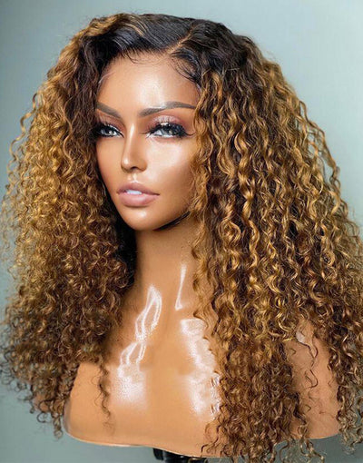 Ombre Honey Blonde Curly Human Hair Lace Front Wigs Real HD Lace Flash Deal