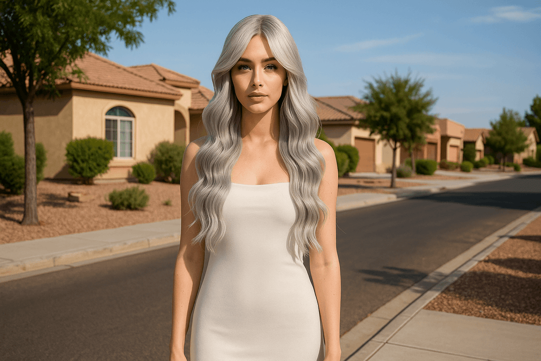 girl with grey curtain bang wig