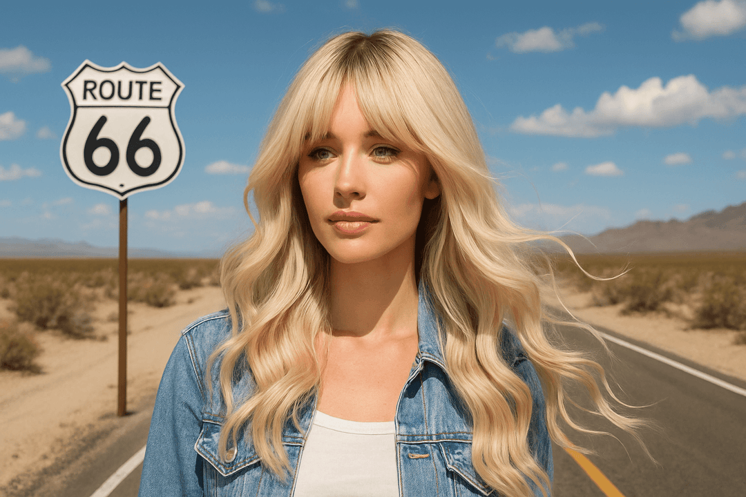 girl with blonde curtain bang wig at Route 66