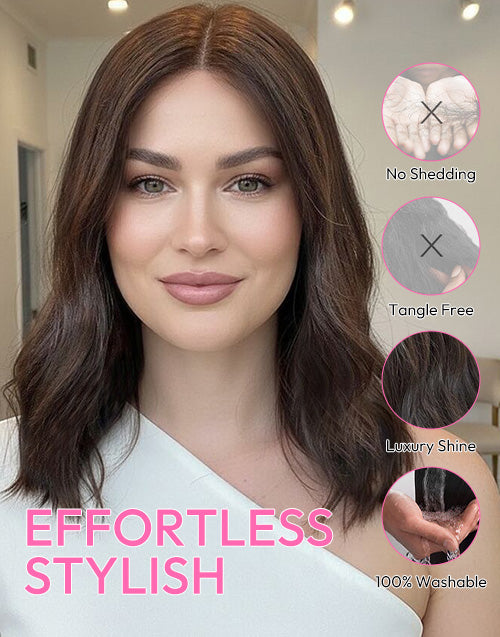 Miley- True-Hold Cap Brown Color Short Bob Wavy 5.5x5.5 Lace Glueless Wig Human Hair