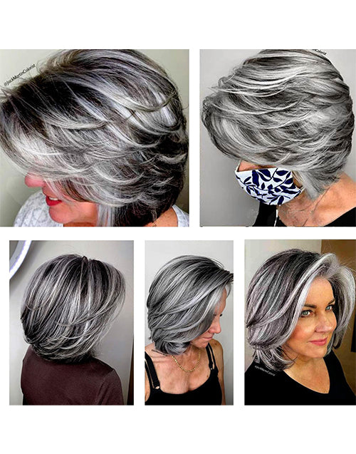 Mag- Highlight Sliver Ombre Grey Wavy Layered Bob Wig With Curtain Bangs Pixie Cut Wig for Women