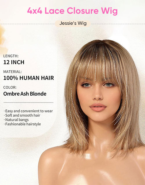 Ayla-Layered Ombre Ash Blonde Bob Wig With Bangs 5.5x5.5 Lace Closure Wig