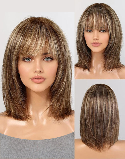 Celia-Shoulder Layered Brown Mixed Blonde Bob Wig With Bangs 5.5x5.5 Lace Closure Wig