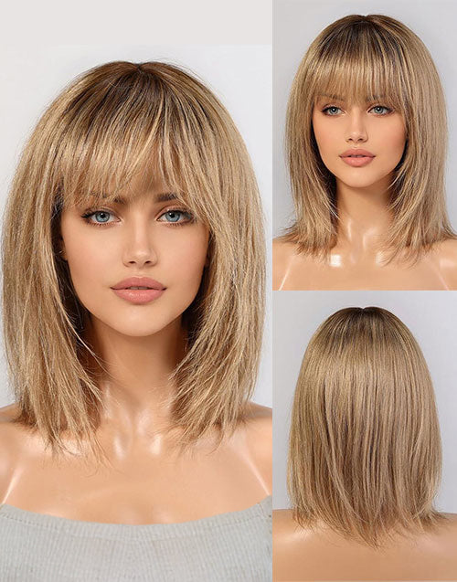 [Ready to Ship] Ombre Ash Blonde Straight Layered Bob Wig With Bangs 5.5x5.5 Lace Wig