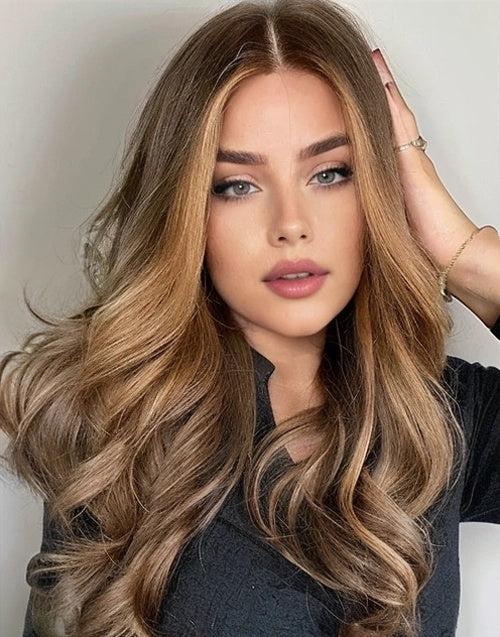 Moly-Brown Blonde Highlights Wavy Human Hair 5x5 13x6 Lace Wigs For Caucasian Women