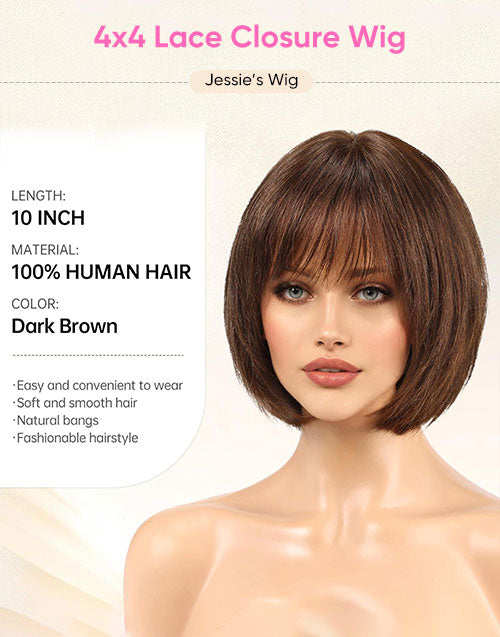 Yillia-Face Framing Brown Bob Wig With Bangs 5X5 Glueless Lace Closure Wig