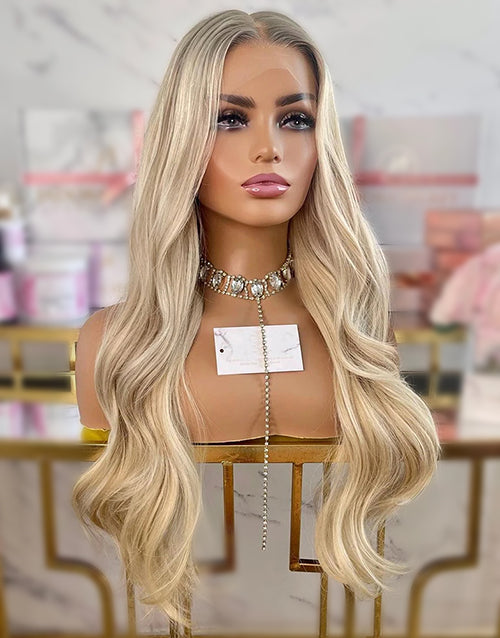 16" Light Blonde Highlights Ash Roots Wavy Full Lace Wigs Flash Deal