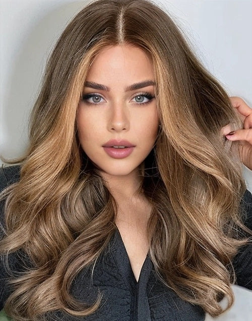 Moly-Brown Blonde Highlights Wavy Human Hair 5x5 13x6 Lace Wigs For Caucasian Women
