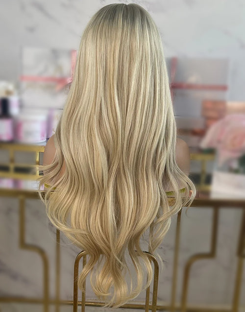 16" Light Blonde Highlights Ash Roots Wavy Full Lace Wigs Flash Deal