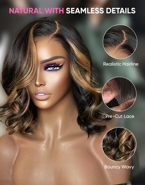 Tawnie- Highlight Honey Wavy Bob Wig Side Part Pre Cut Lace Human Hair Glueless Wig