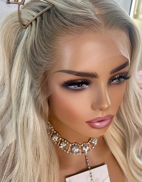 16" Light Blonde Highlights Ash Roots Wavy Full Lace Wigs Flash Deal
