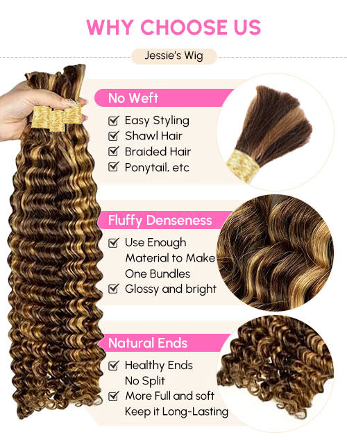 Highlight Honey Brown Deep Wave Hair Bulk Braiding Hair for Human Hair Extensions for Micro braiding No Weft 12A