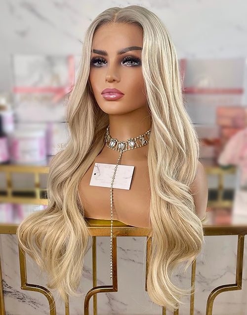 Creamy-Light Blonde Highlights Ash Roots Full Lace Wigs Human Hair Glueless 13x6 Lace front Wig