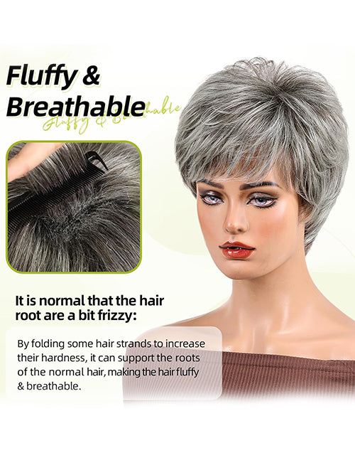 Mavis- Salt And Pepper Color Pixie Cut Wig With Bangs Suitable For Hair Loss and Fashion Change Full Machine None Lace Wig