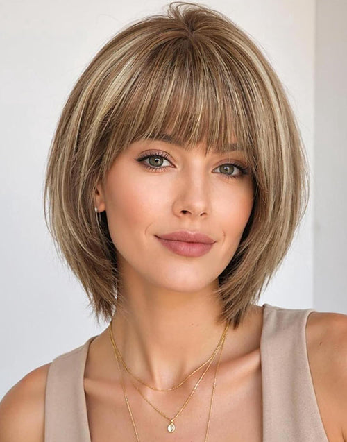 Zuza- Glueless Brown Mixed Blonde Straight Layered Cut Bob Wig With Bangs 5.5x5.5 Wig For Women