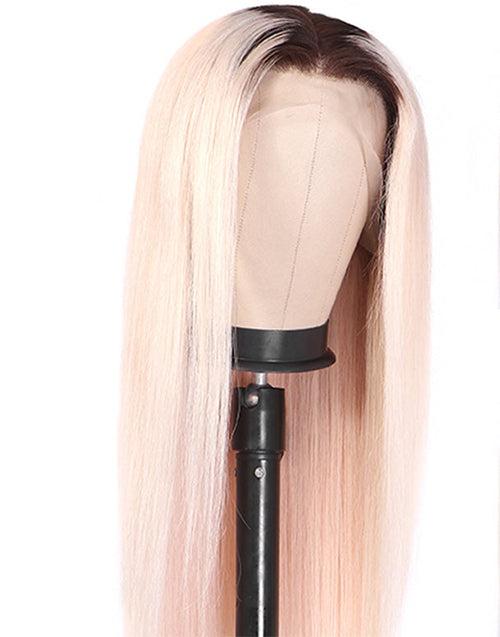 20" Ombre Pink Color With Black Roots Straight Glueless 4x4 Lace Wig Flash Deal