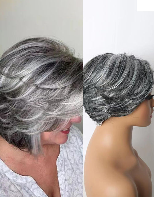 Mag- Highlight Sliver Ombre Grey Wavy Layered Bob Wig With Curtain Bangs Pixie Cut Wig for Women
