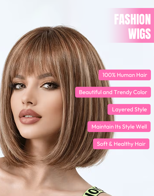 Dra- Minimalist Lace Highlight Honey Brown Straight Blunt Cut Bob Wig With Bangs Glueless Wig