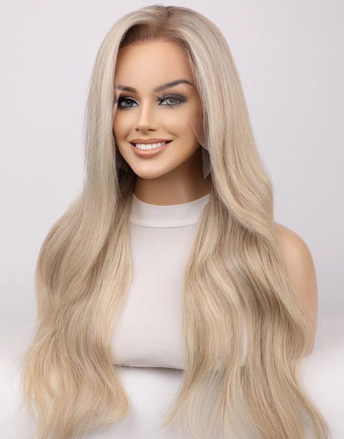 Allean- Luxury True-Hold Series Glueless Ponytail Lace Front Wig Ombre Grey Blonde Balayage Wavy Wig