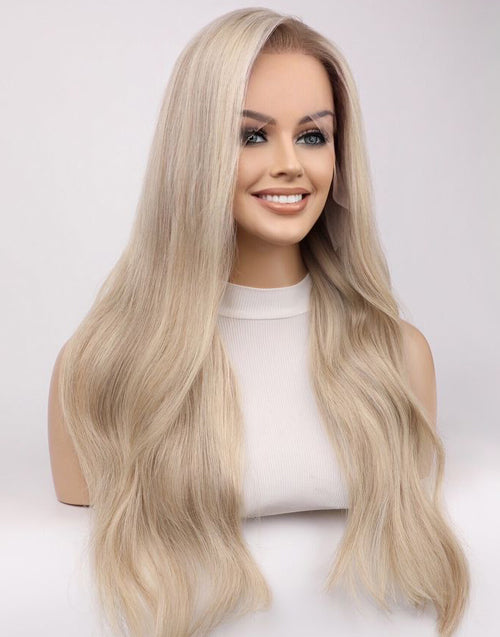 Allean- Luxury True-Hold Series Glueless Ponytail Lace Front Wig Ombre Grey Blonde Balayage Wavy Wig