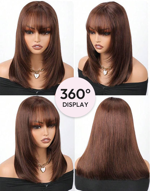 Brown Color Layered Bob Short Straight 5x5 Lace Wigs With Bangs Glueless Wig