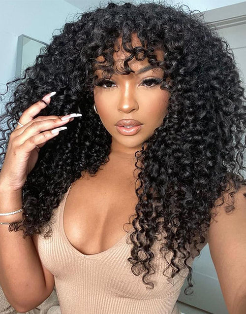 Curly Hair Wig With Bangs Minimalist Lace Wig True Scalp Wig With Human Hair Bangs