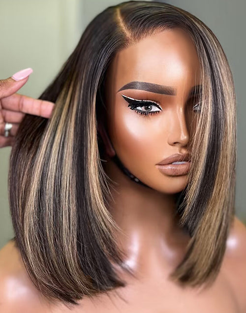 Valerie- Smart-Fit Pull Go Highlights Honey Short Asymmetric Bob Straight Layer Cut 13x5 Pre Cut Lace Wig Glueless Wig