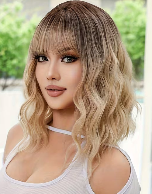 Callan- Fashionable Ombre Blonde Short Wavy Bob Wigs With Bangs Dark Roots True-Hold Glueless Wig
