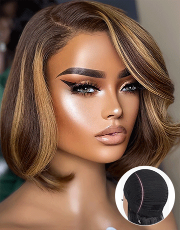 Corey- Smart-Fit Pull Go Brown Honey Highlight Wavy Bob Wig Pre Cut Lace Human Hair Glueless Wig