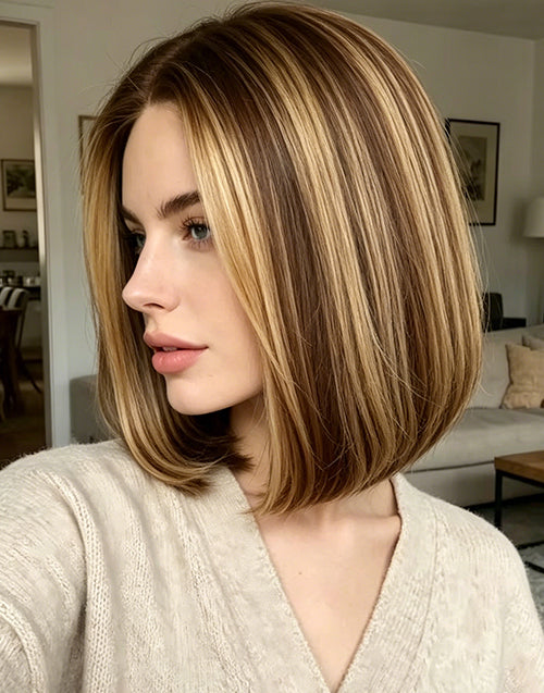 Meely- Piano Honey With Brown Highlight Straight Bob Wigs True-Hold Glueless Wig