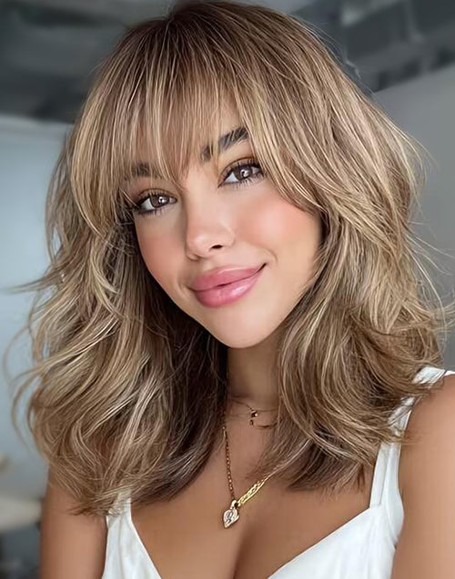 Vesper- Highlight Honey Brown Wavy Bob Wig With Bangs For Women 100% Human Hair