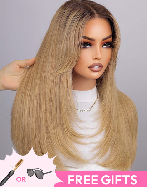 16" Ombre Light Brown Honey Curtain Bangs Layered Straight Wig Pre Cut 7x5 Lace Flash Deal
