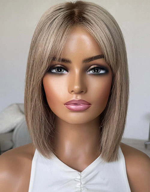 Judy- Sandy Beige Blonde With Ash Root Curtain Bangs True-Hold Glueless Straight Bob Wig Human Hair