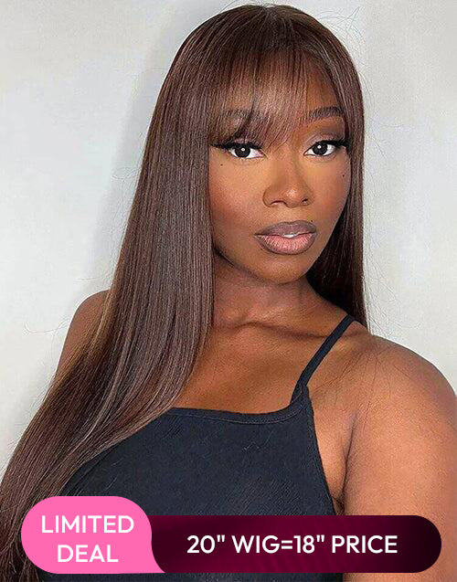 20"=18" Price Brown Straight Glueless Wig With Bangs 6x5 Pre Cut Lace Flash Deal