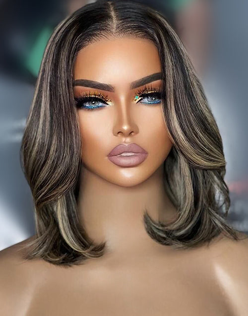 $169=2 WIGS|12" Balayage Wavy 7x5 Bob Wig+10" Brown Highlight Straight 6x5 Bob Layer Wig With Bangs Flash Deal