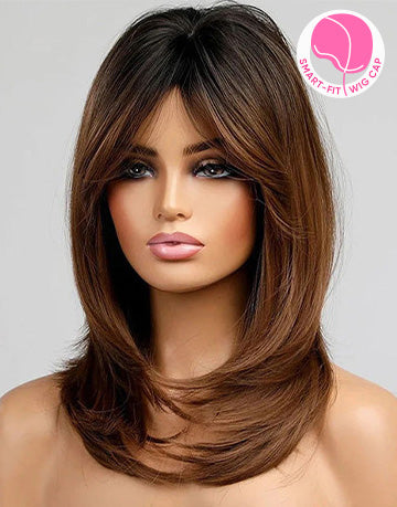 Hilda- Smart-Fit Pull Go Glueless Ombre Chestnut Brown Mid Length Wig Curtain Bangs Layered Cut Straight 13x5 Pre Cut Lace Front Wigs With Black Roots