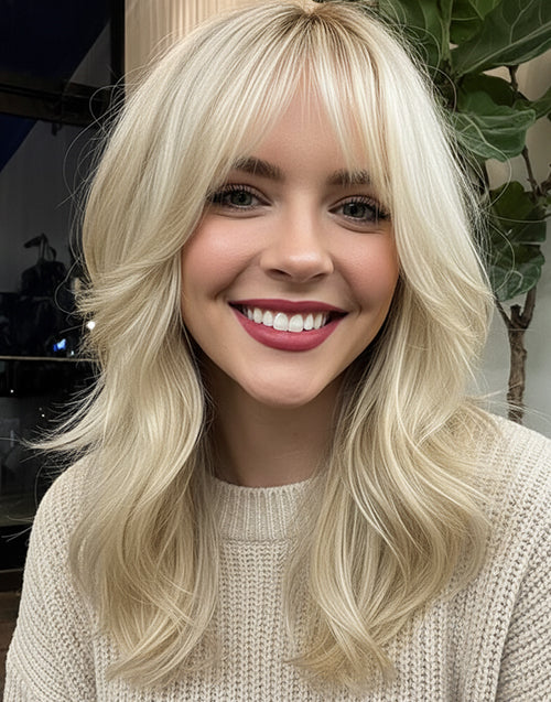 Mayra- Wispy Bangs Highlight Ombre Blonde Light Root Wavy Glueless Wig
