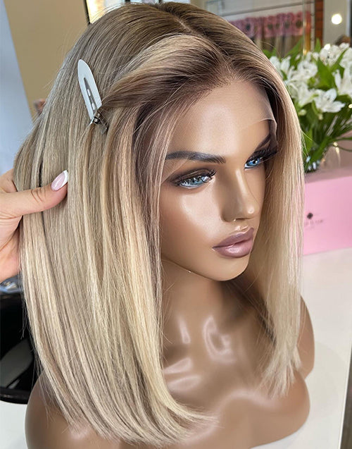 Falm-Mixed Light Bright Blonde Straight Bob Wig With Dark Roots Human Hair 5.5x5.5 Lace