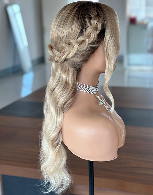 Diky-360 Updo Style Beige Blonde Wigs Wavy Can Do Braids Half Up Half Down Wig