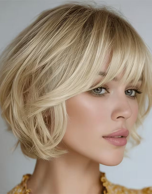 Daycee- Minimalist Lace Ombre Blonde Wavy Bob Wig With Bangs For Women Suit For All Occassions