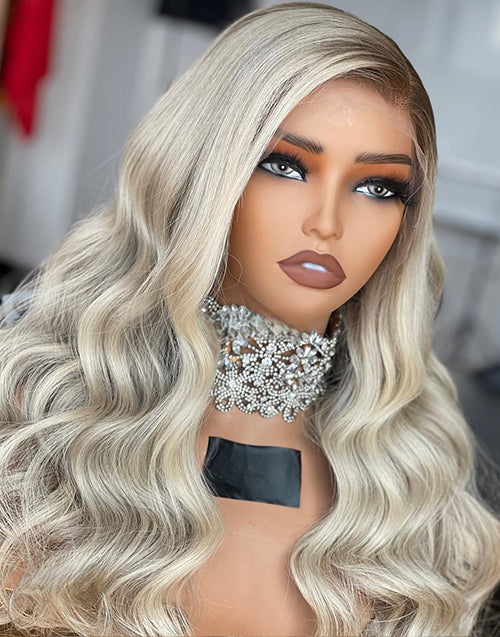 Fancy- Icey Platinum Diamond Blonde Wavy 13x4 Lace Front Wig Light Blonde Brown Roots