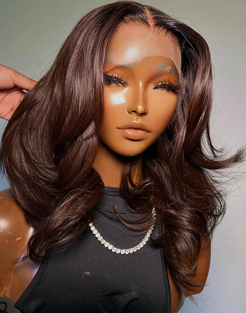 Stunning Chocolate Brown Wavy 13x4 Frontal Bob Human Hair HD Lace Wig Glueless