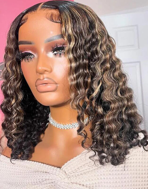 Melissa- Smart-Fit Pull Go Ombre Blonde Highlight With Dark Brown 13x5 Pre Everything Curly Bob Glueless Human Hair Wig