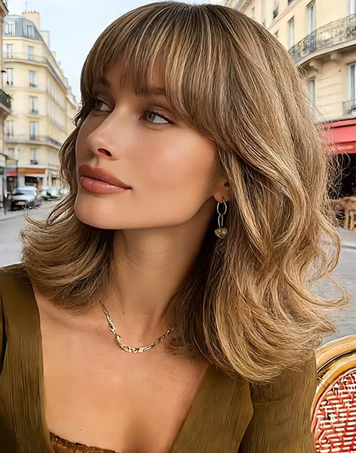 Cosima- Minimalist Lace Mixed Flaxen Blonde Beach Wave Bob Wig With Bangs For Daily Wear