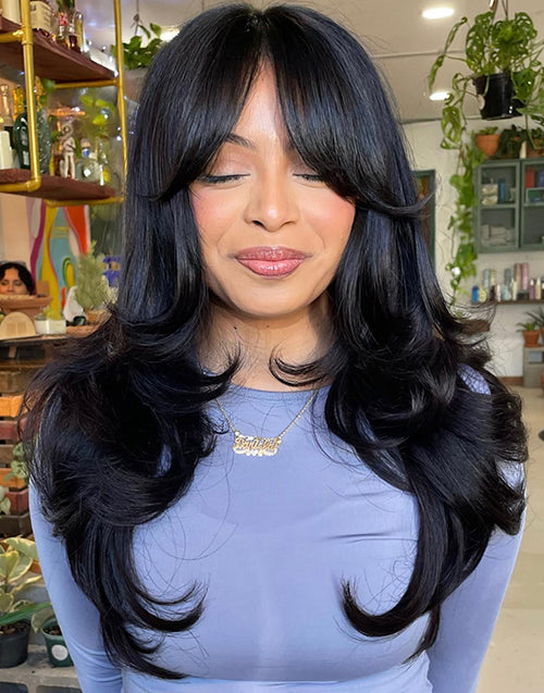 Martina- Layered Cut Glueless Wig With Curtain Bangs Loose Wavy Pre Cut 13x5 Lace Frontal Wig Human Hair