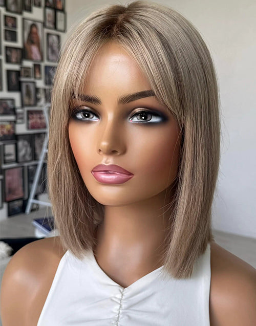 Judy- Sandy Beige Blonde With Ash Root Curtain Bangs True-Hold Glueless Straight Bob Wig Human Hair