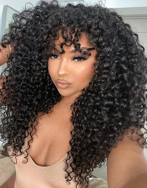 Curly Hair Wig With Bangs Minimalist Lace Wig True Scalp Wig With Human Hair Bangs