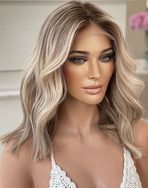 16" Highlight Ash Blonde Wavy Bob 4x4 Lace Glueless Wig Human Hair Flash Deal