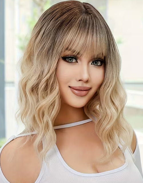 Callan- Fashionable Ombre Blonde Short Wavy Bob Wigs With Bangs Dark Roots True-Hold Glueless Wig